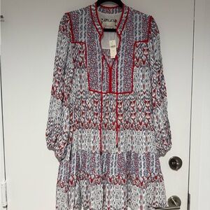 Anthropologie Red, Grey and White Printed Long-Sleeve Tiered Dress - NWT